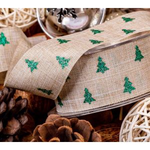 38mm x 20m Faux linen With Glitter Xmas Trees