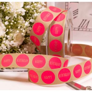 25mm Flow Pink & Natural Happy Birthday Ribbon By Berisfords