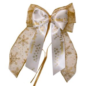 Hand Mde Nadolig Llawen Snowflake White & Gold Bow