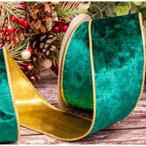 63mm wired edged green velvet ribbon with gold lame reverse
