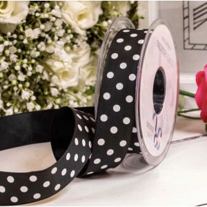 25mm black light weight taffeta ribbon with with white polka dot design