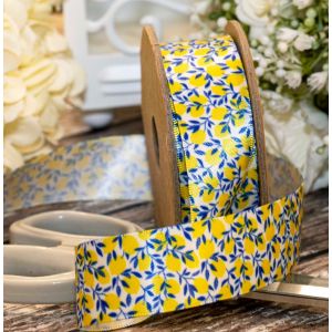 small yellow lemons with blue leafs on a 25mm wide white satin ribbon