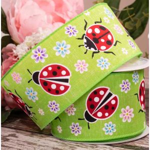 Spring green wired edged burlap style ribbon with ladybird and floral print