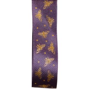 25mm Satin Ribbon In Mauve With Bee Design