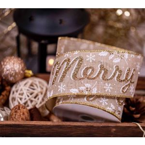 Natural & Gold Merry Christmas Ribbon 63mm x 10yrds