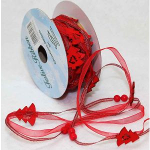 Metallic Red Christmas Tree Beaded Charm Ribbon. Art 644762
