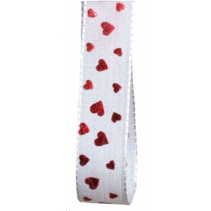 White Taffeta Ribbon With Red Hearts
