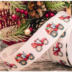 38mm white grosgrain ribbon with red tractor and present design