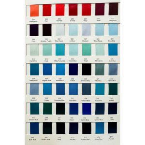 Shade card showing the colours available in the double satin ribbons
