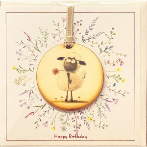 Birthday Card With Wooden Plaque Featuring Collie & Birthday Balloons