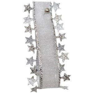 25mm x 20m White Sheer With Silver Stars Cut Out Edging