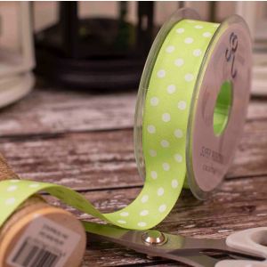 25mm spring green taffeta ribbon with white polka dot design
