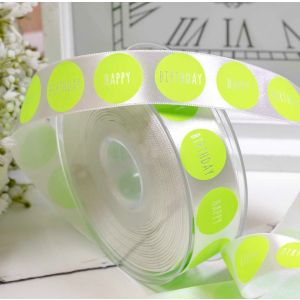 25mm white satin ribbon with large flo green spots with the words happy birthday in them