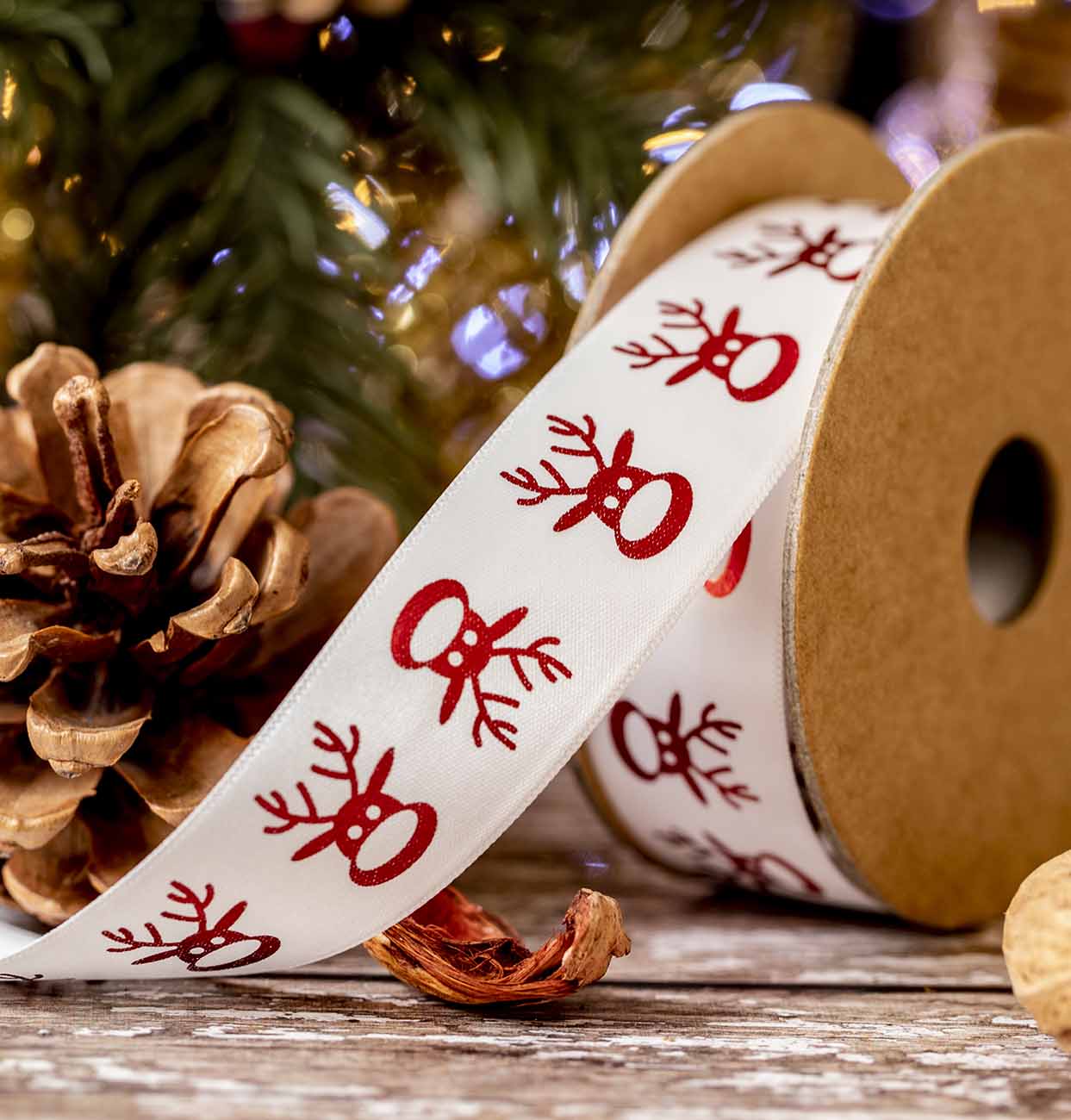 White Satin With Red Reindeer Print