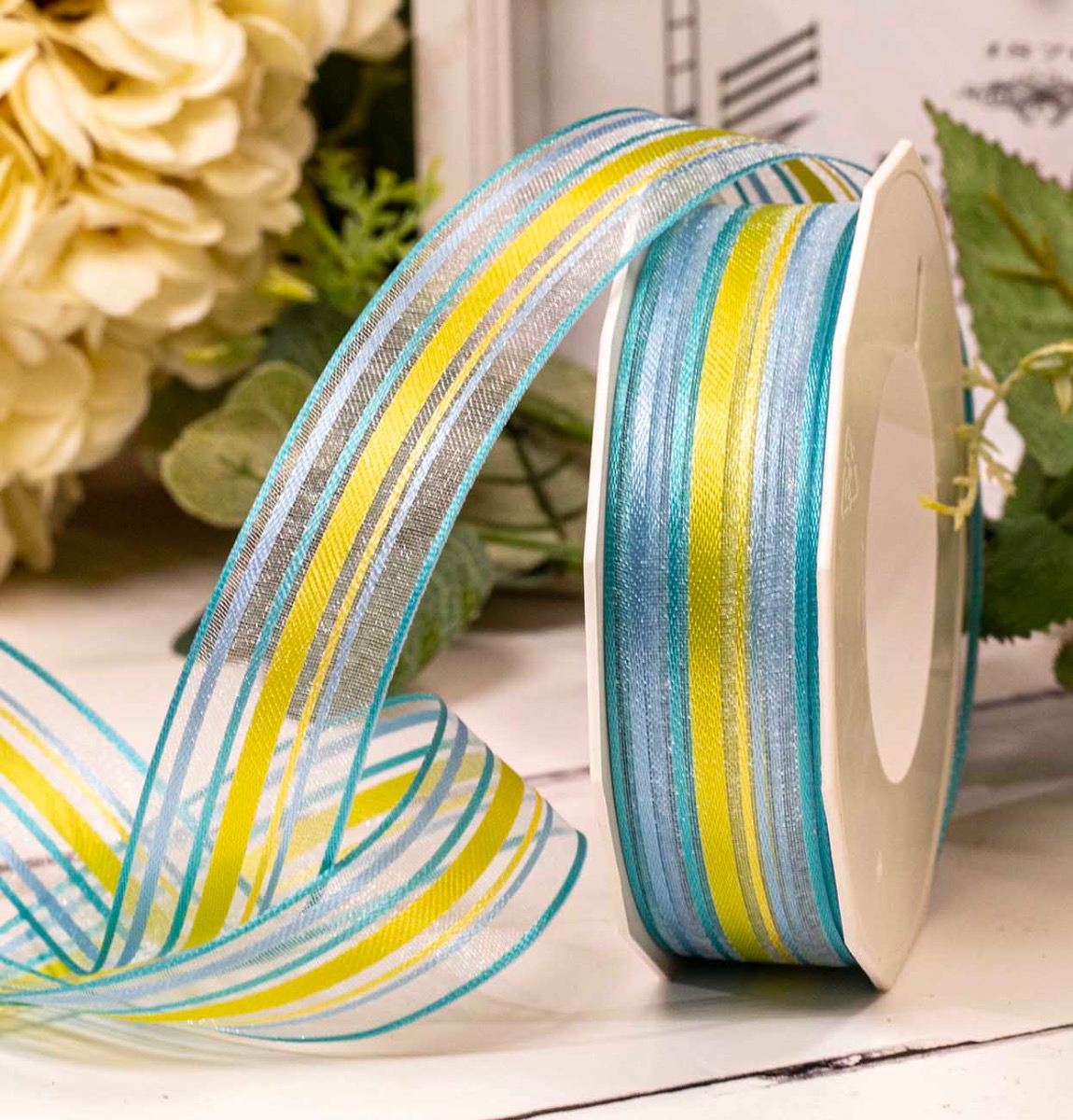 Blue & Yellow self striped satin and sheer ribbon